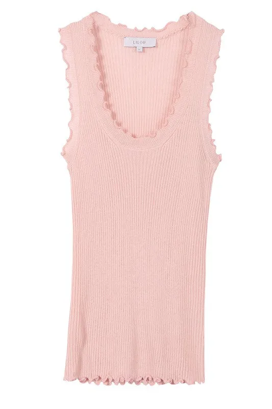 Ruffled Trim Solid Pullover Tank Top