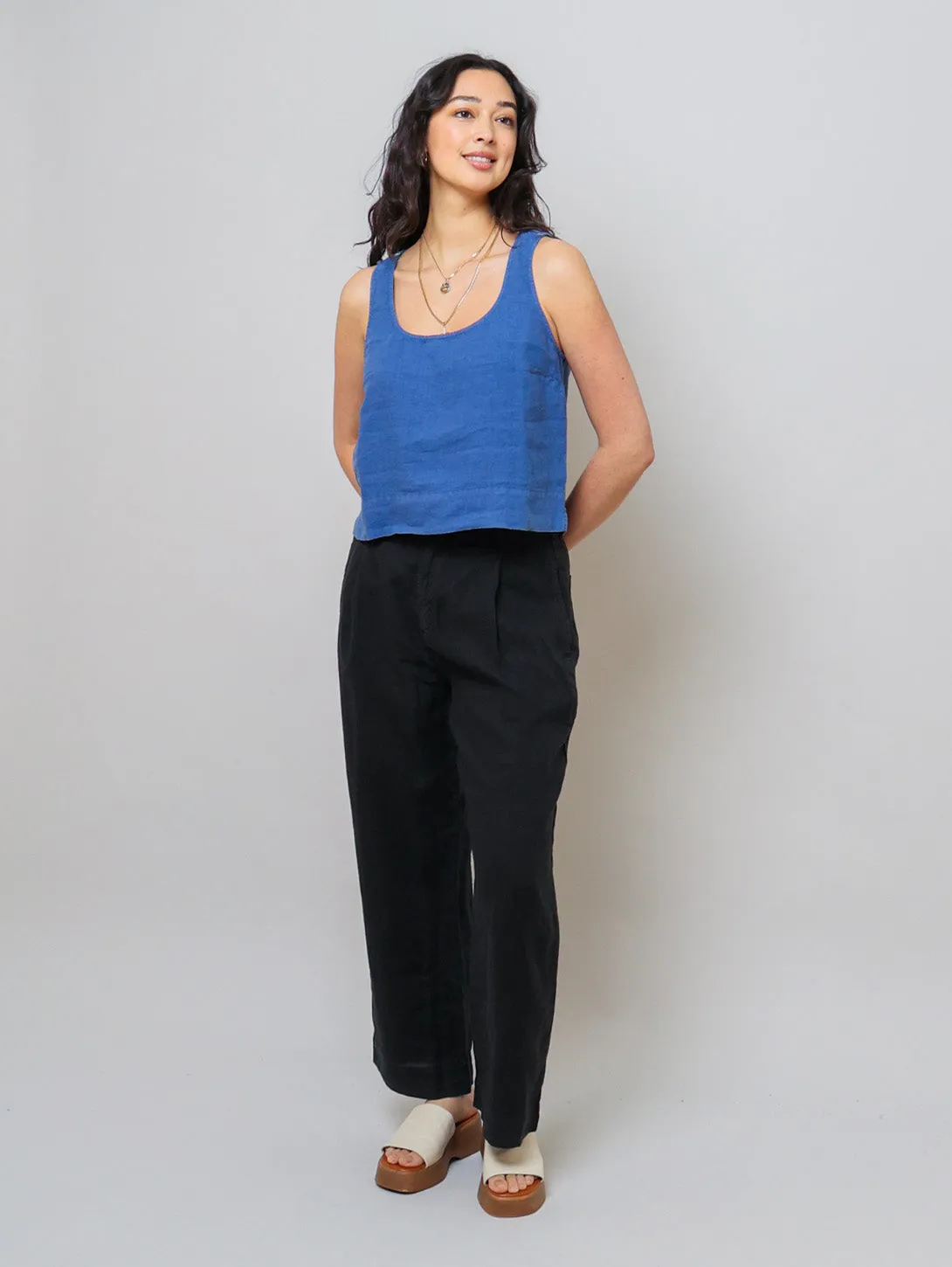 Scoop Neck Linen Tank Top - Antique Indigo