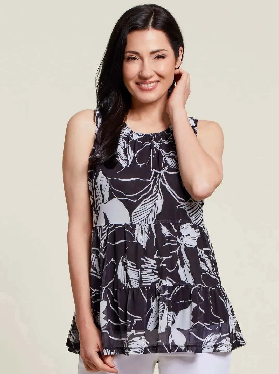 Sleeveless Lined Tiered Top [Black/White-7706O]