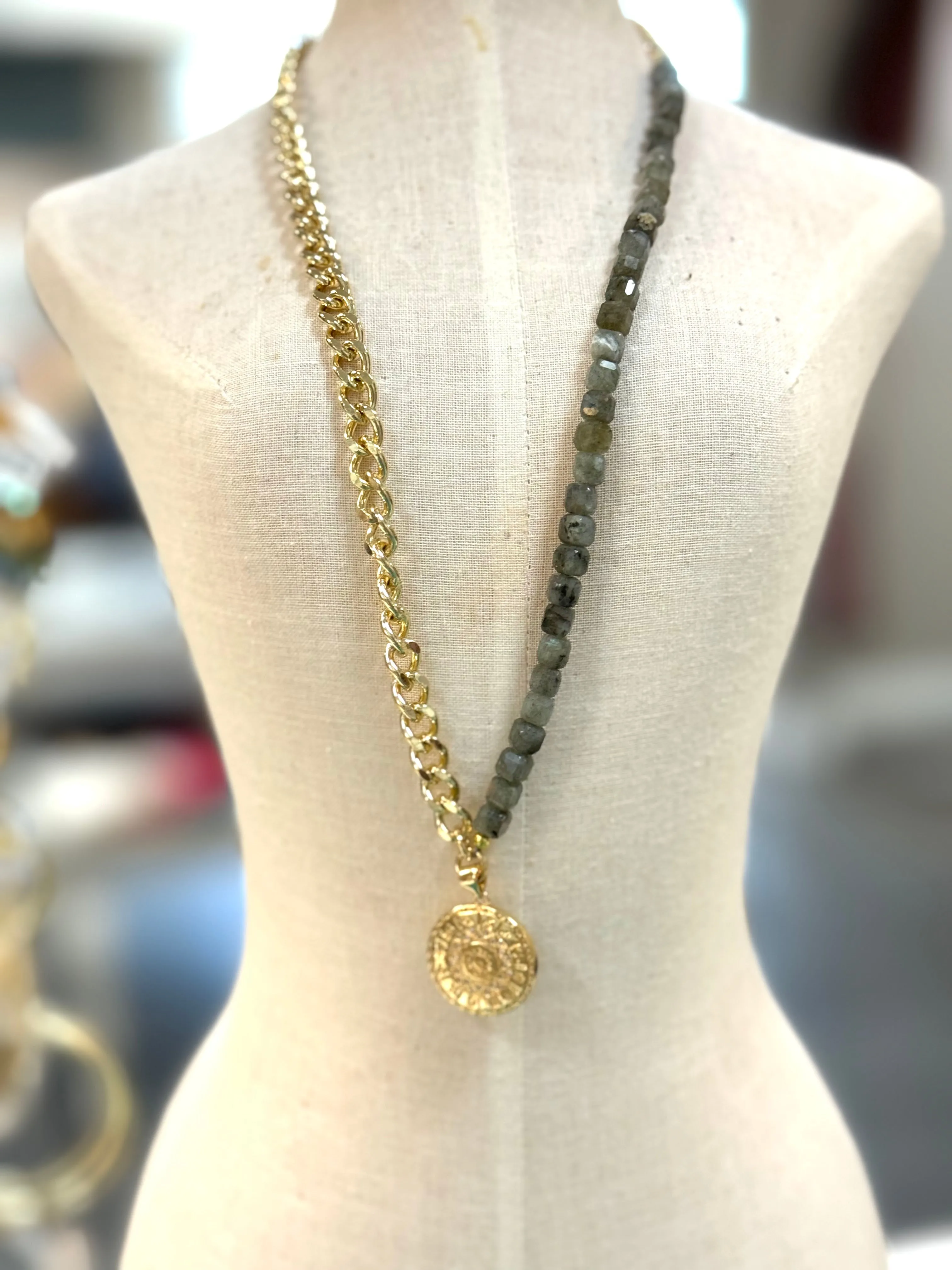 Small Labradorite and Astrology Pendant Necklace