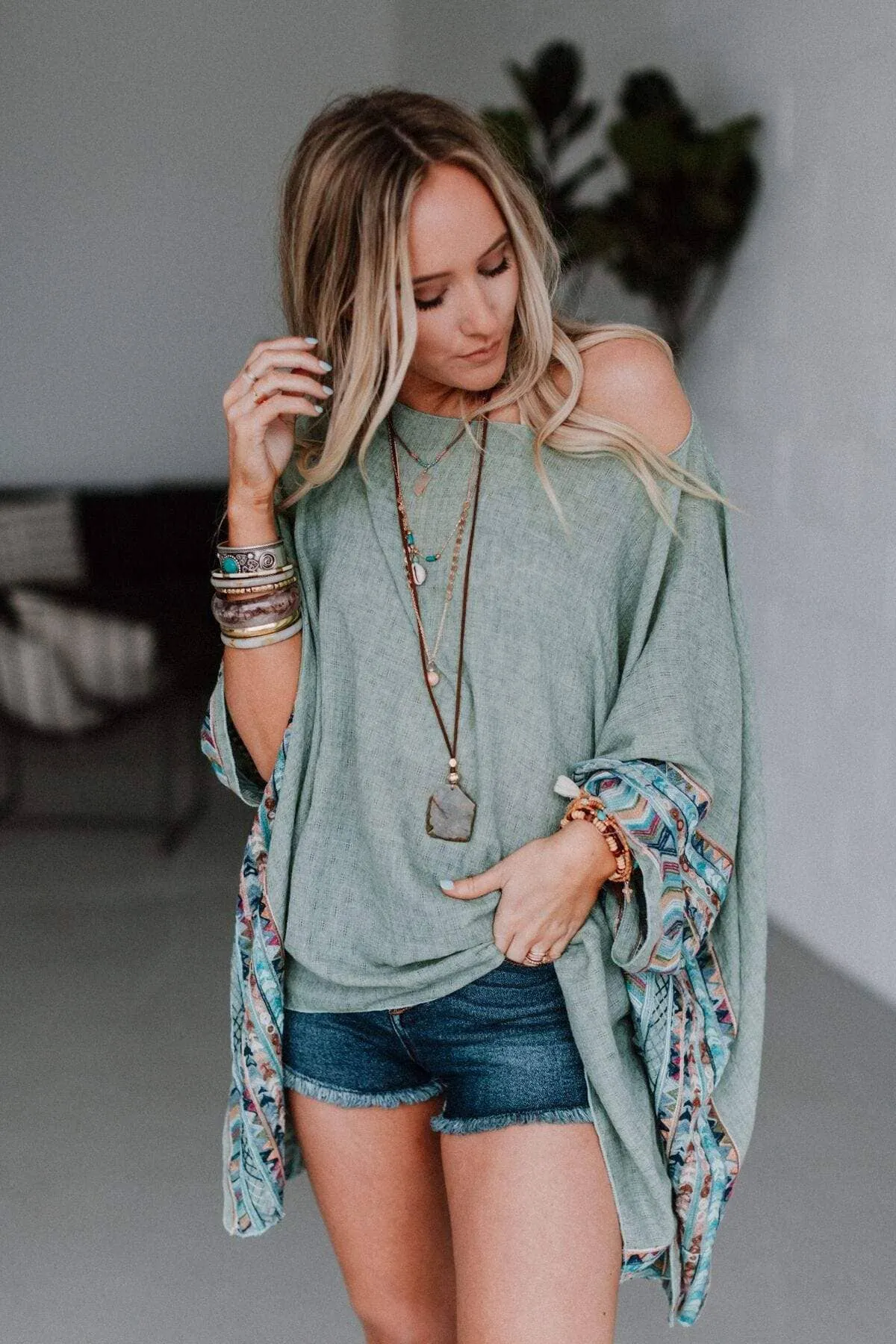 Three Bird Nest Fallon Embroidered Sleeve Poncho - Sage