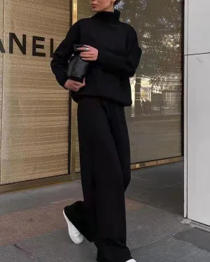 Turtleneck Sweater Wide Leg Knitting Pants Set
