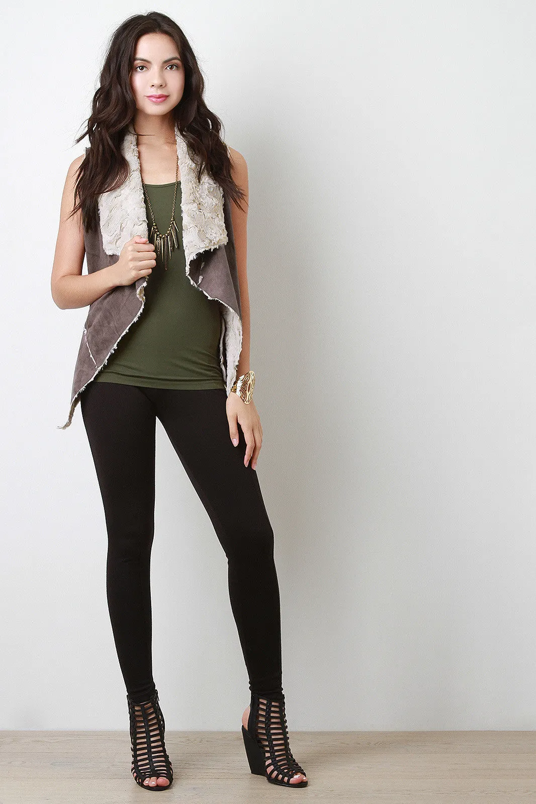 Vegan Suede-Fur Cascade Open Front Vest