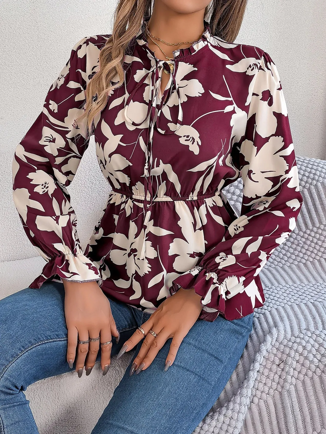 Waist-tied Long Floral Women's Style Sleeve Tie Neck Print Vacation Blouse