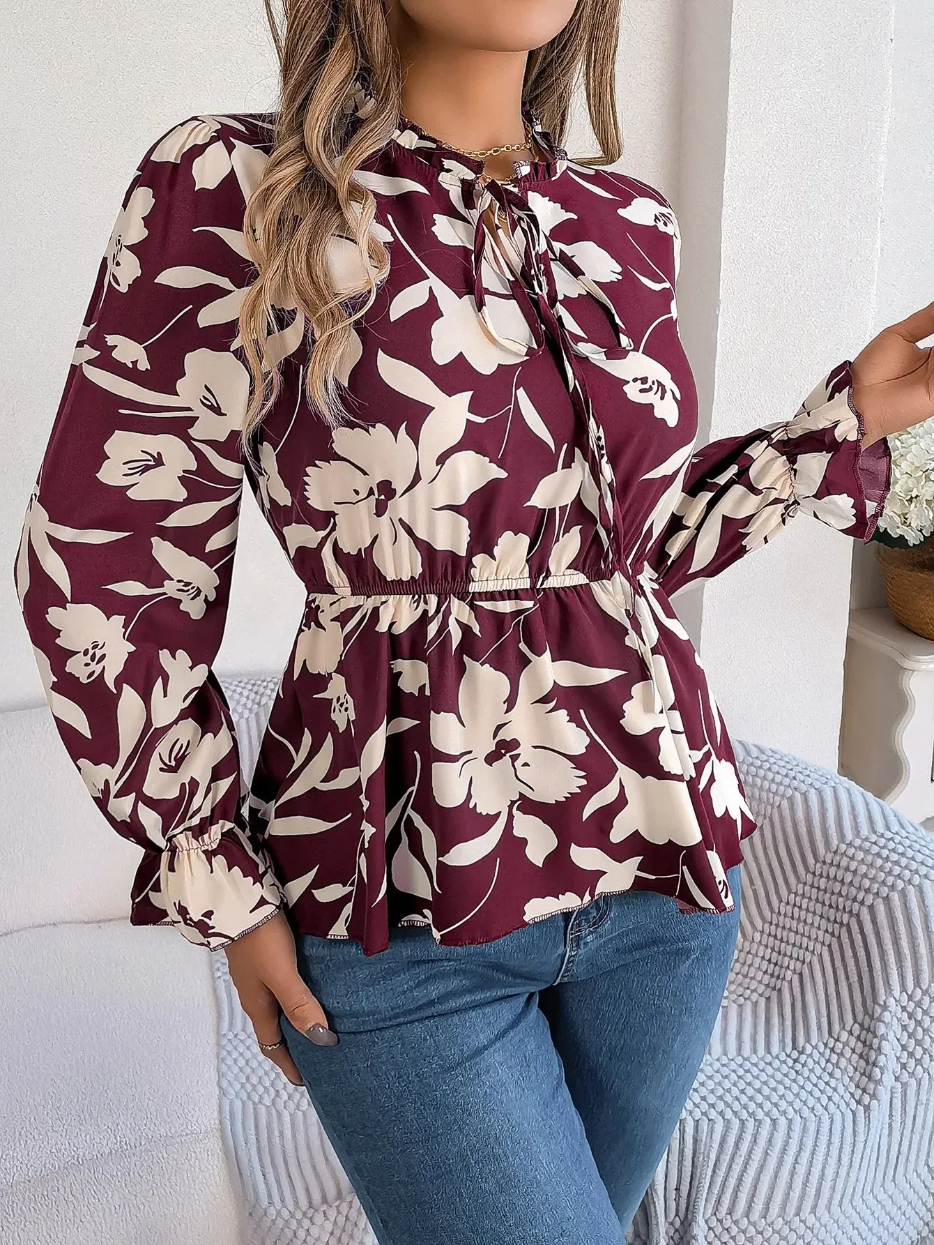 Waist-tied Long Floral Women's Style Sleeve Tie Neck Print Vacation Blouse