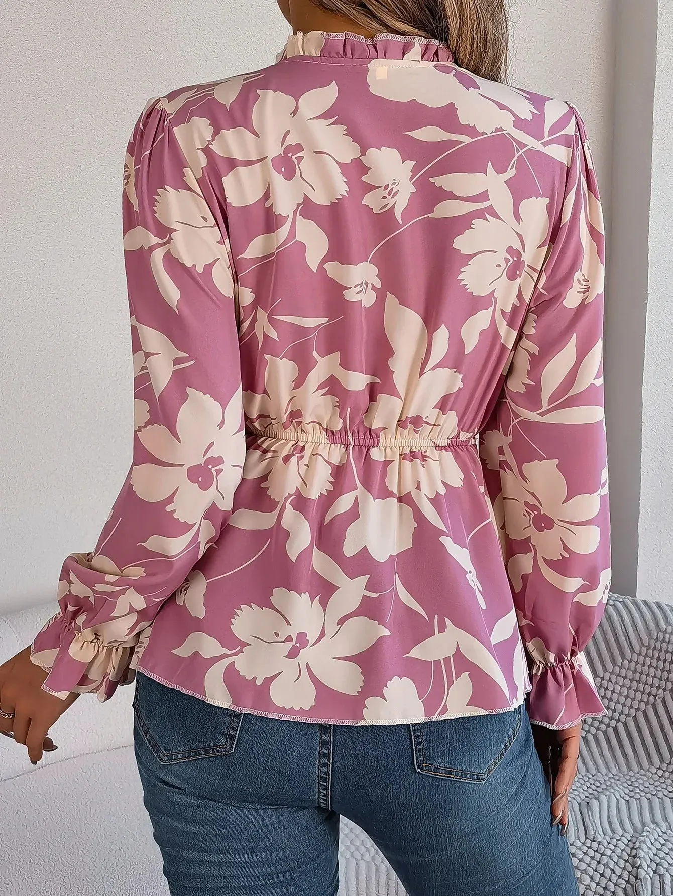 Waist-tied Long Floral Women's Style Sleeve Tie Neck Print Vacation Blouse