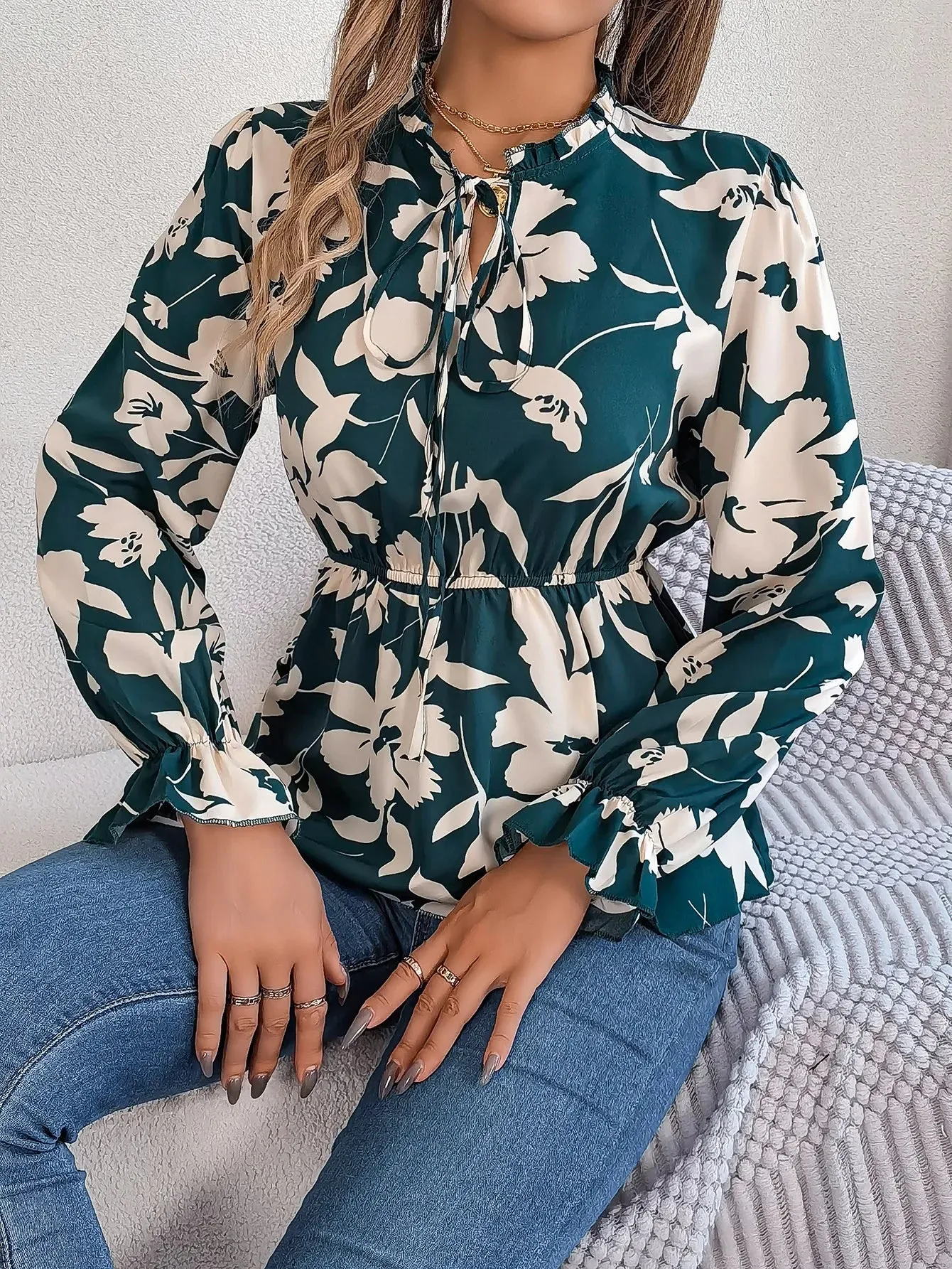 Waist-tied Long Floral Women's Style Sleeve Tie Neck Print Vacation Blouse