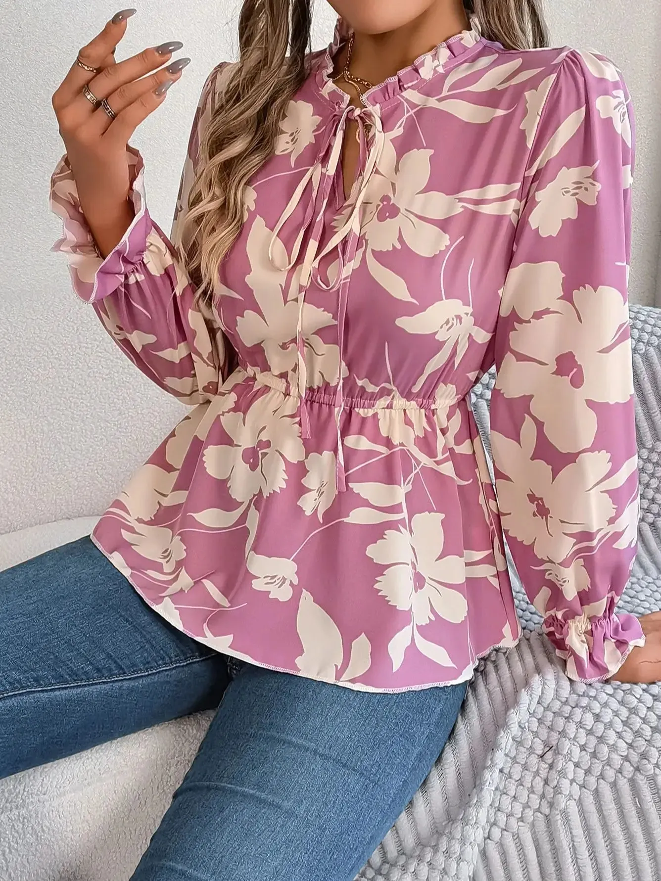 Waist-tied Long Floral Women's Style Sleeve Tie Neck Print Vacation Blouse