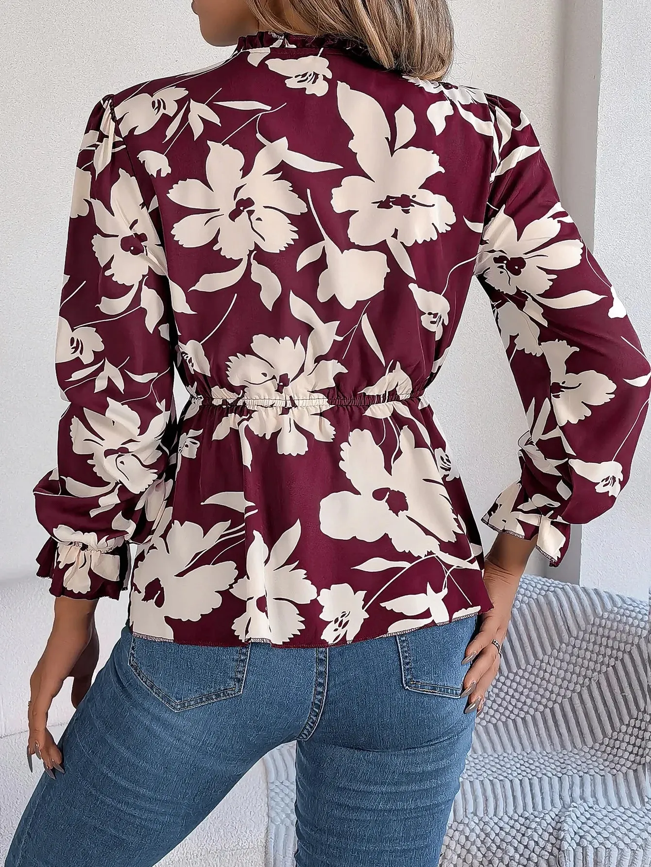 Waist-tied Long Floral Women's Style Sleeve Tie Neck Print Vacation Blouse