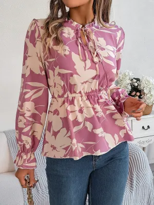 Waist-tied Long Floral Women's Style Sleeve Tie Neck Print Vacation Blouse