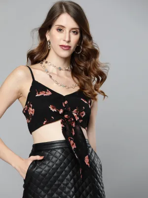 Women Black Floral Strappy Crop Top