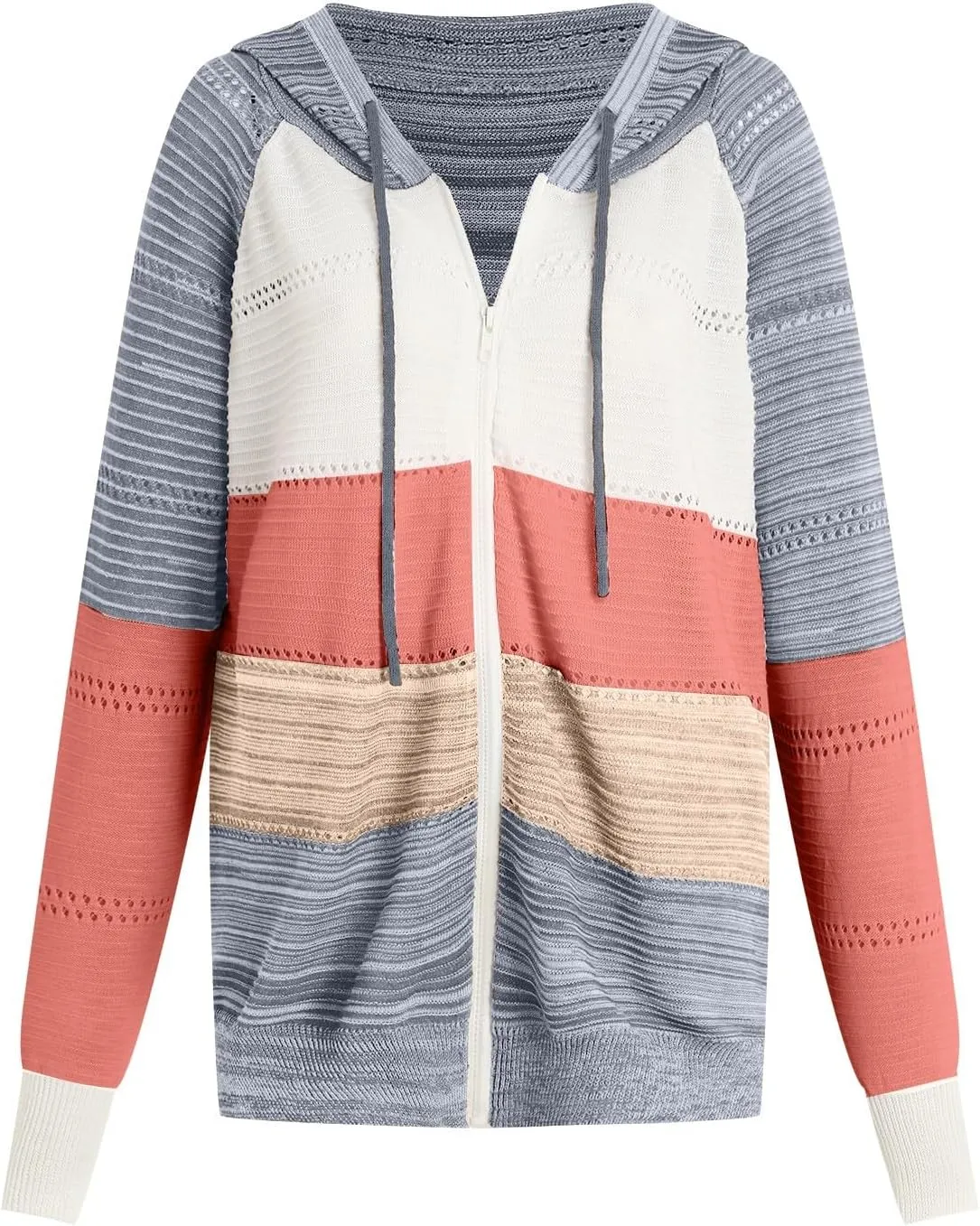 Women's Long Sleeve Knit Sweater Color Block Zip Up Hoodie Drawstring Oversized Sweatshirt Y2k Jacket for Women