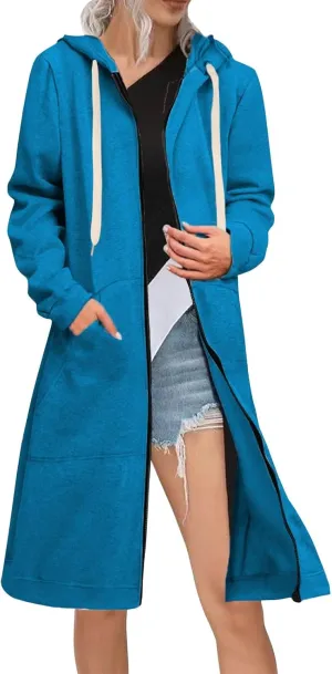 Women's Long Sleeve Long Hooded Open Front Cardigan Jacket With Pockets Casual Lightweight Duster Coat Fall And Winter
