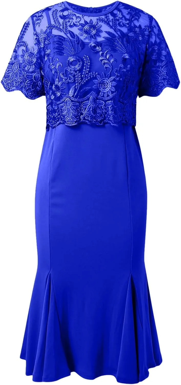 Women's Plus Size Elegant Dress Solid Color Contrast Lace Short Sleeve Round Neck Dress Summer Long Sleeve Dress