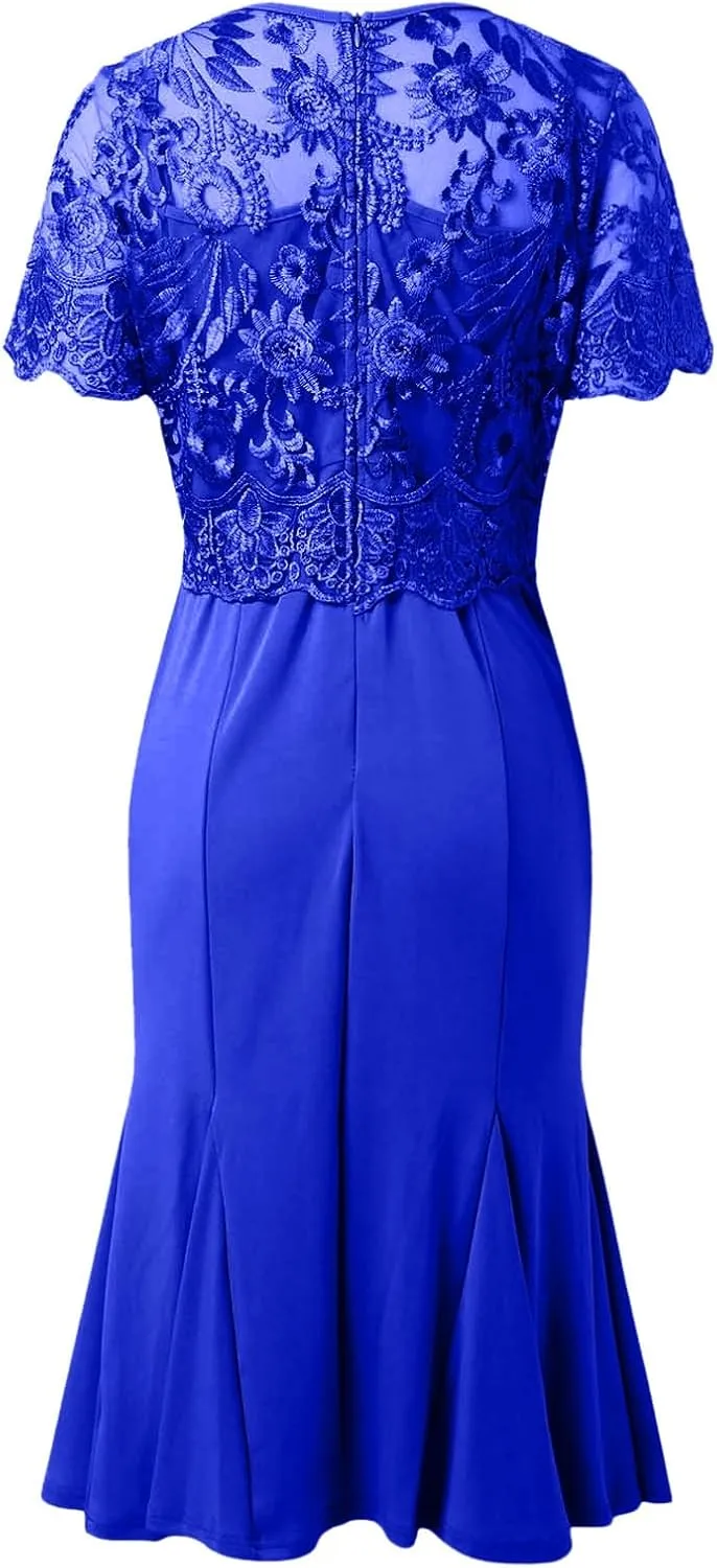 Women's Plus Size Elegant Dress Solid Color Contrast Lace Short Sleeve Round Neck Dress Summer Long Sleeve Dress