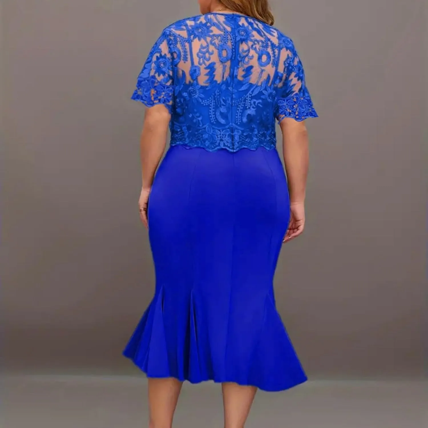Women's Plus Size Elegant Dress Solid Color Contrast Lace Short Sleeve Round Neck Dress Summer Long Sleeve Dress