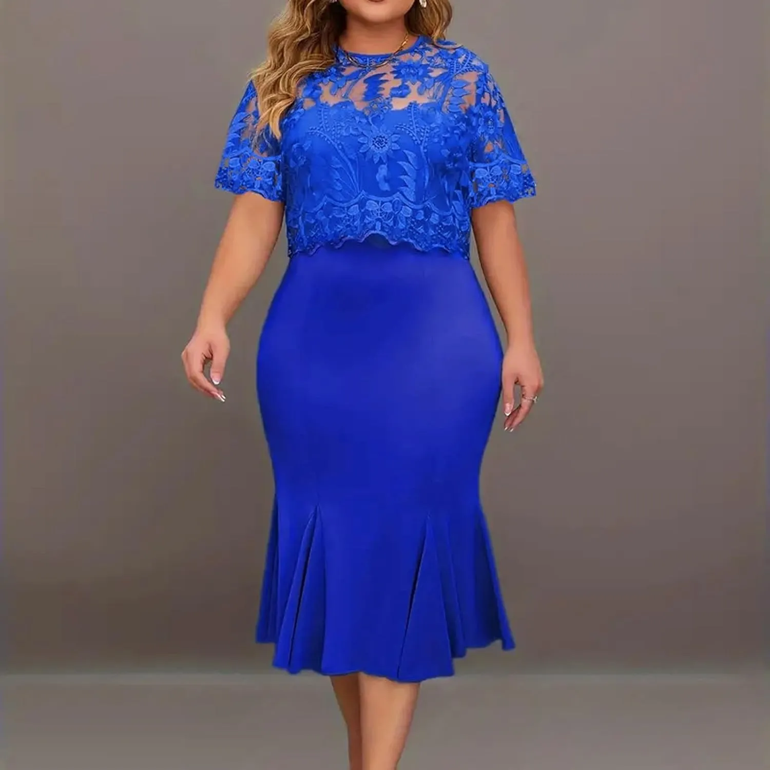 Women's Plus Size Elegant Dress Solid Color Contrast Lace Short Sleeve Round Neck Dress Summer Long Sleeve Dress