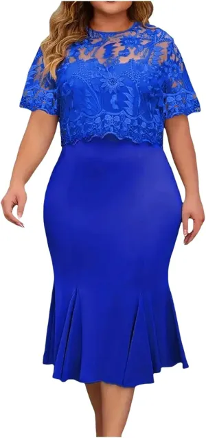 Women's Plus Size Elegant Dress Solid Color Contrast Lace Short Sleeve Round Neck Dress Summer Long Sleeve Dress