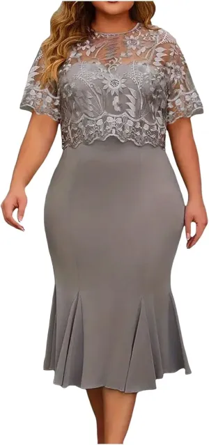 Women's Plus Size Elegant Dress Solid Color Contrast Lace Short Sleeve Round Neck Dress Summer Long Sleeve Dress