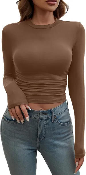 Womens Tops Trendy Solid Color Pullover Casual Long Sleeve Shirts Crew Neck Slim Stretch Clothes 2024