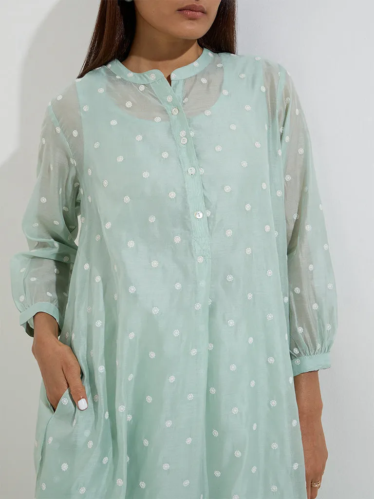 Zuba Mint Floral Embroidered A-Line Kurta with Inner