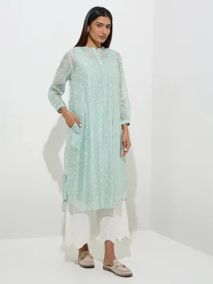 Zuba Mint Floral Embroidered A-Line Kurta with Inner